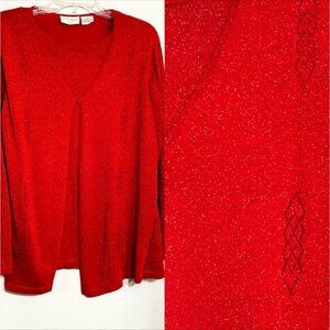 WOMENS XL RED SPARKLE LONG SLEEVE ONE BUTTON FRONT PULLOVER SWEATER